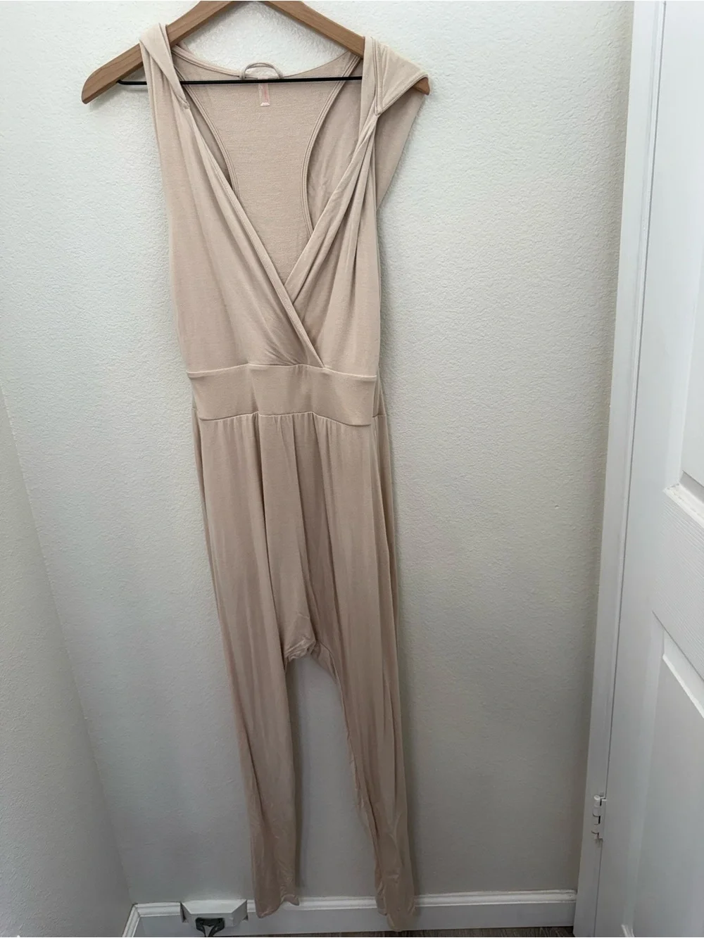 Free People Hooded Harem Second Chance Jersey Onesie Jumpsuit Tan Cream Small